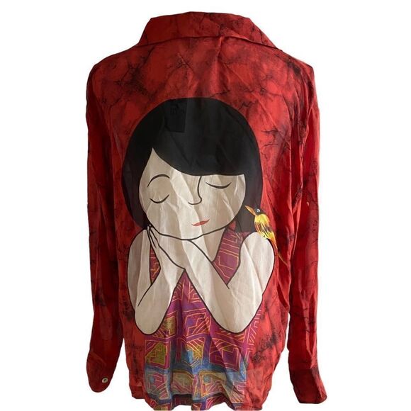 Chico’s Red Silk Graphic Asian Print Blouse Size Large NWT - Picture 4 of 11